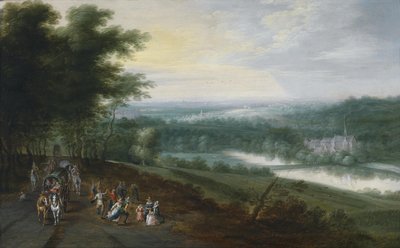 Wide River Landscape with Travelers and Dancing Peasants on a Path, with a Monastery in the Background by Jan Brueghel the Younger